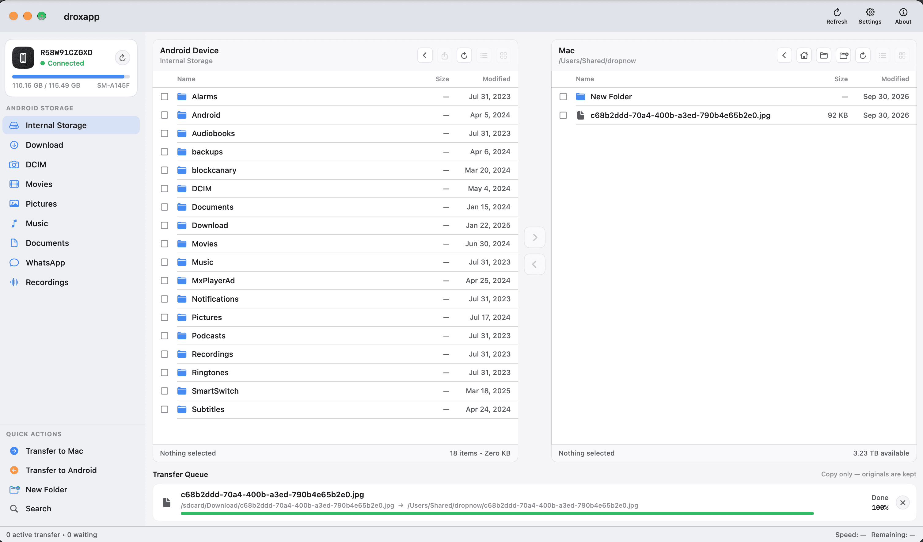 DropNow app window showing Android Internal Storage beside Mac folders, with transfer controls between the panes