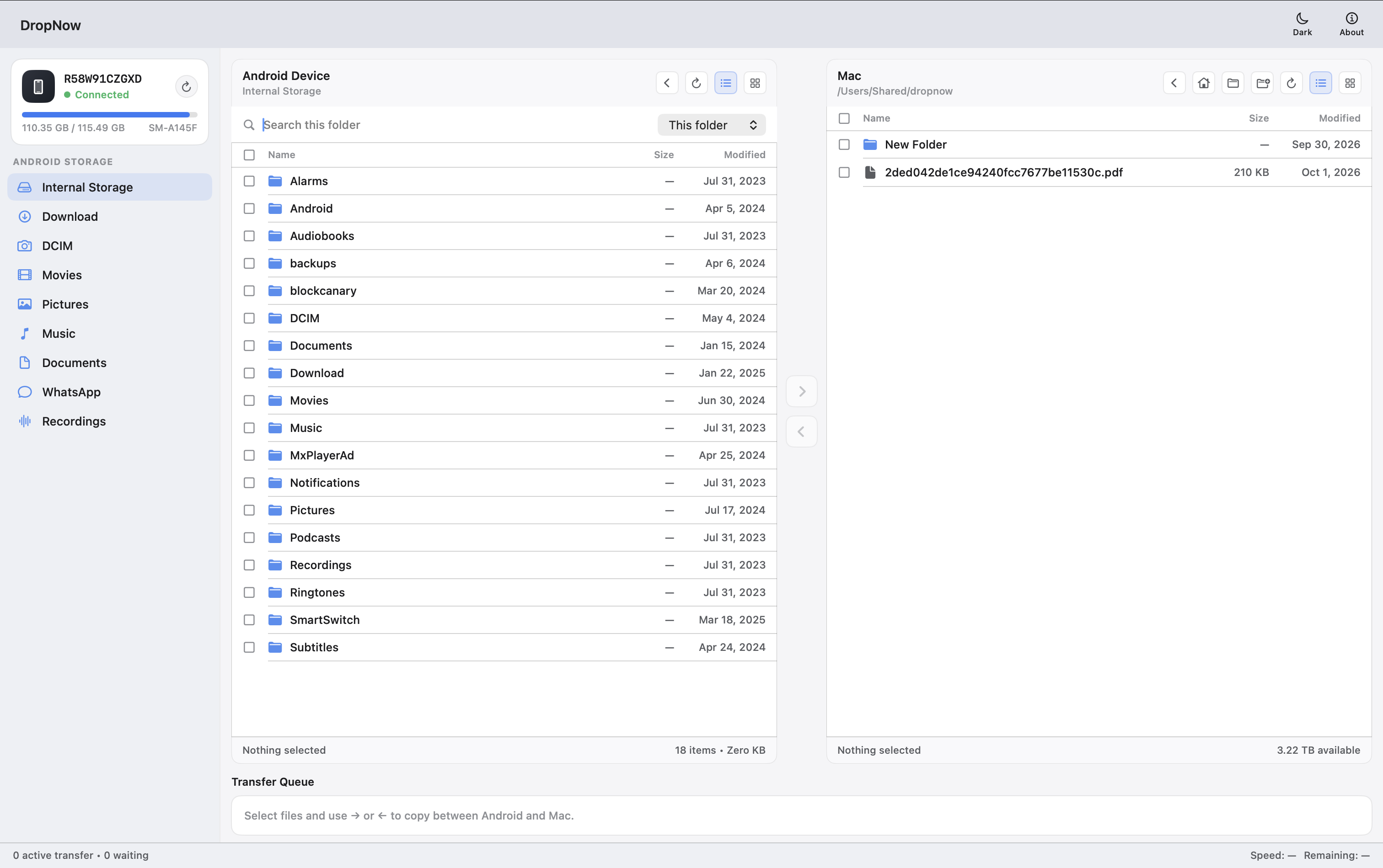 DropNow in light mode with Android and Mac panes side by side